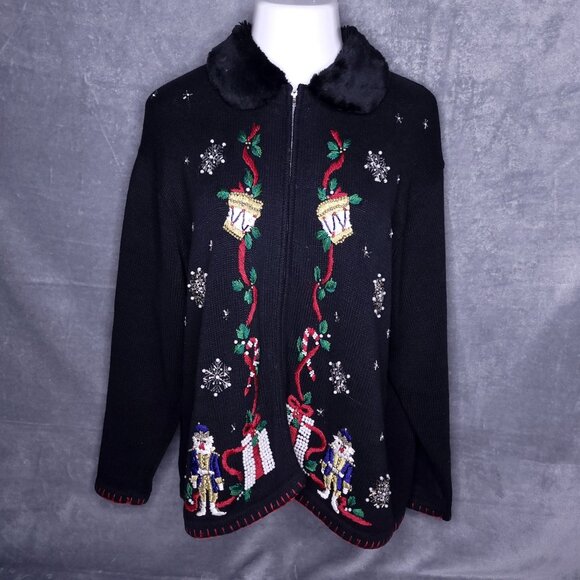Vintage Vj Woman Christmas Sweater 1X Faux Fur Collar Embroidered Nutcracker - Picture 2 of 6